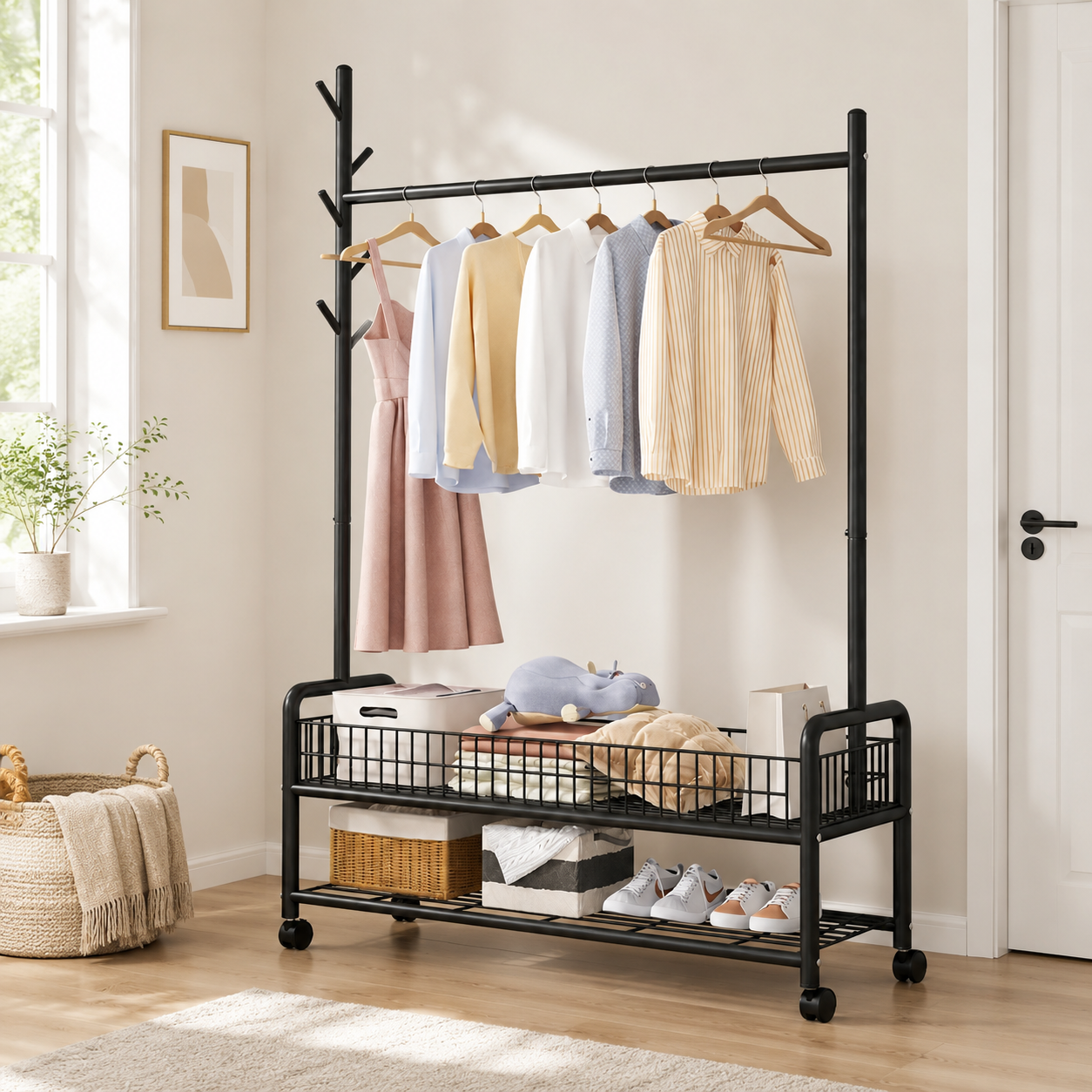 RACK PERCHERO METALICO REFORZADO MOVIL DOBLE ESTANTE ROPA