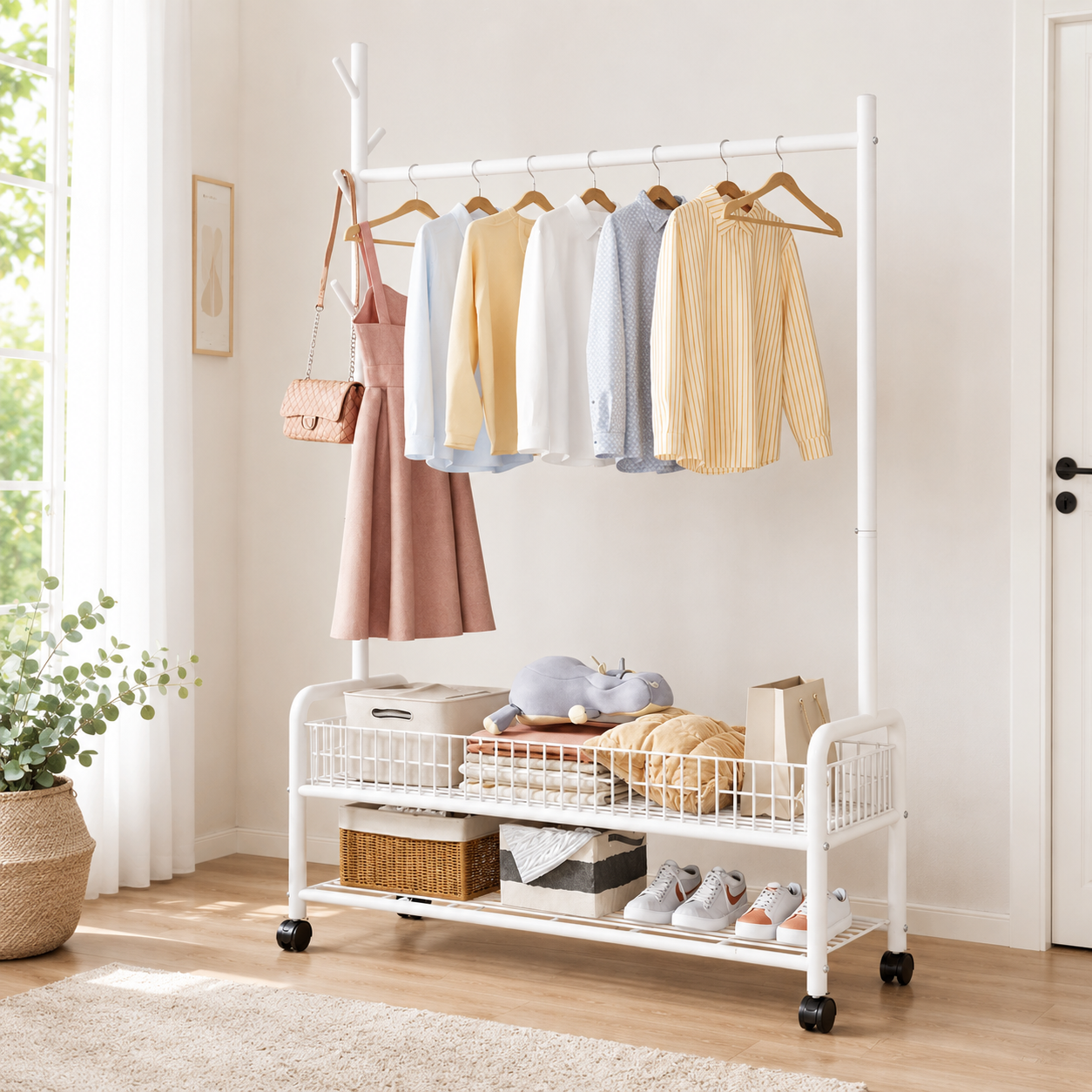 RACK PERCHERO METALICO REFORZADO MOVIL DOBLE ESTANTE ROPA