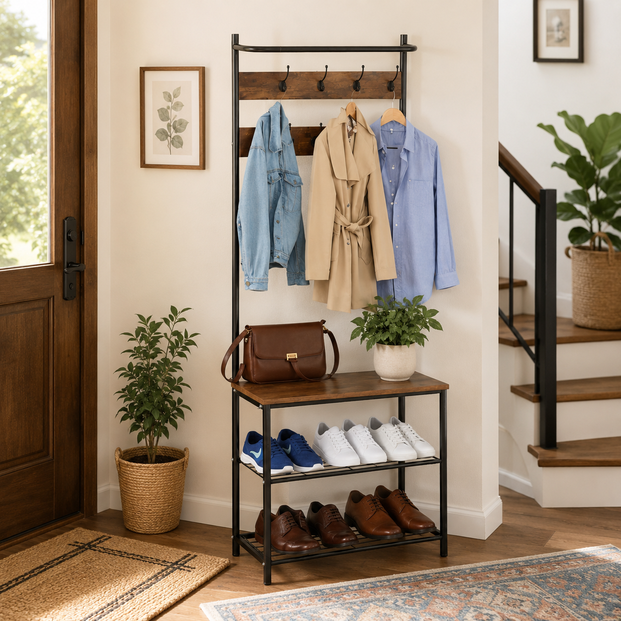 ORGANIZADOR MUEBLE ZAPATERA CON PERCHERO DE METAL