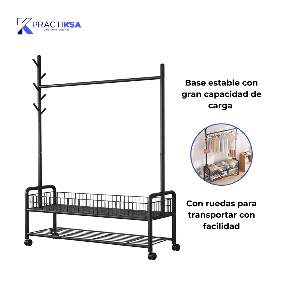 RACK PERCHERO METALICO REFORZADO MOVIL DOBLE ESTANTE ROPA