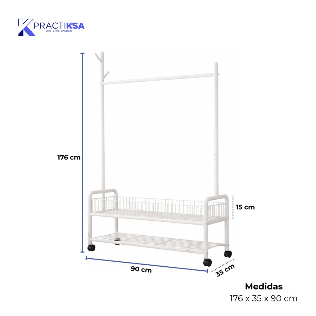 RACK PERCHERO METALICO REFORZADO MOVIL DOBLE ESTANTE ROPA