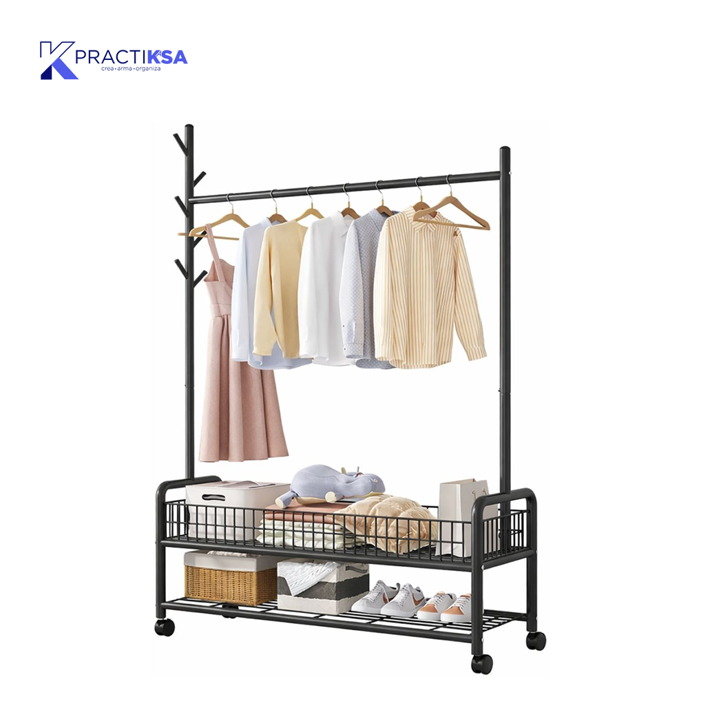 RACK PERCHERO METALICO REFORZADO MOVIL DOBLE ESTANTE ROPA