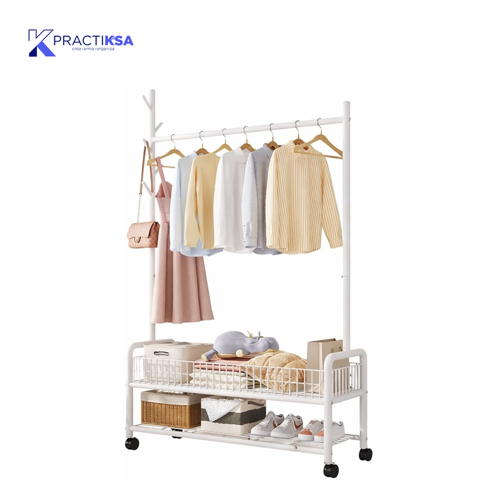RACK PERCHERO METALICO REFORZADO MOVIL DOBLE ESTANTE ROPA