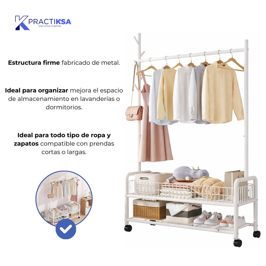 RACK PERCHERO METALICO REFORZADO MOVIL DOBLE ESTANTE ROPA