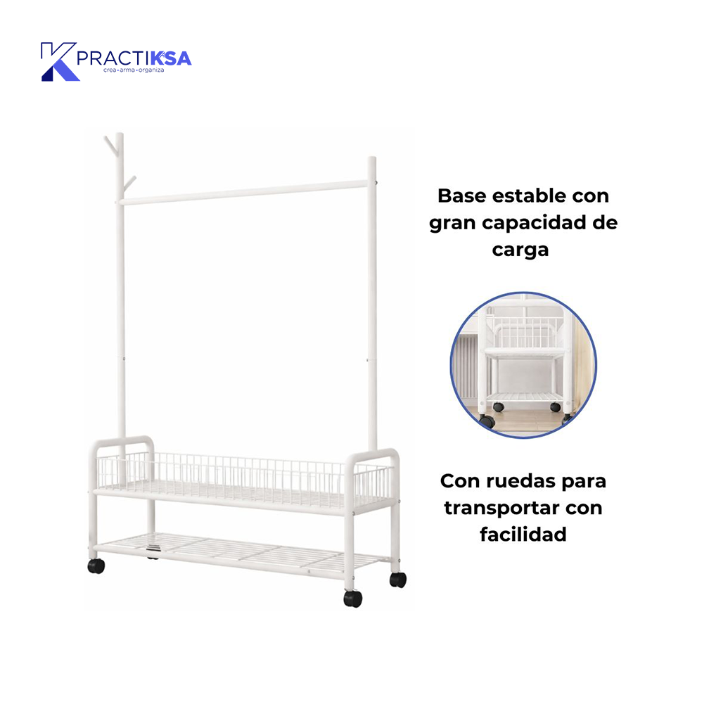 RACK PERCHERO METALICO REFORZADO MOVIL DOBLE ESTANTE ROPA