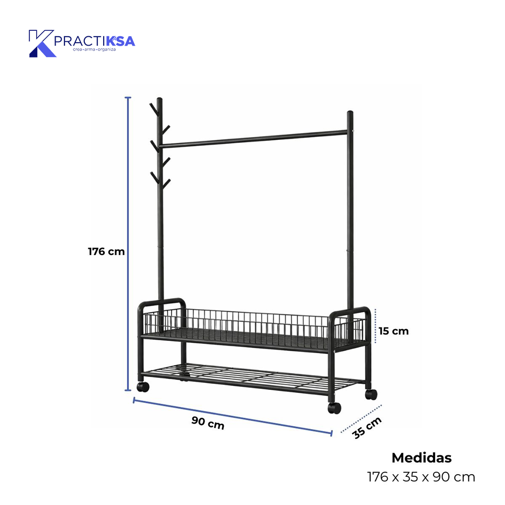 RACK PERCHERO METALICO REFORZADO MOVIL DOBLE ESTANTE ROPA