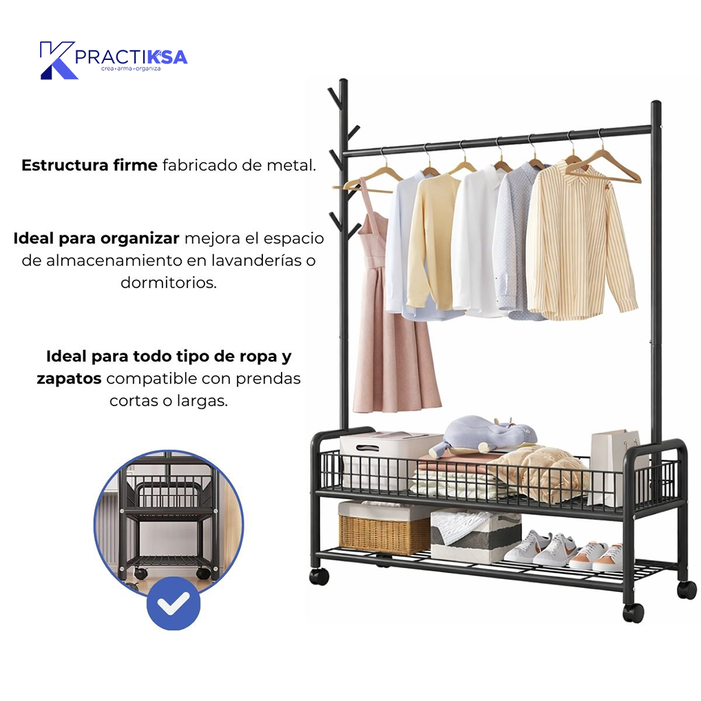 RACK PERCHERO METALICO REFORZADO MOVIL DOBLE ESTANTE ROPA